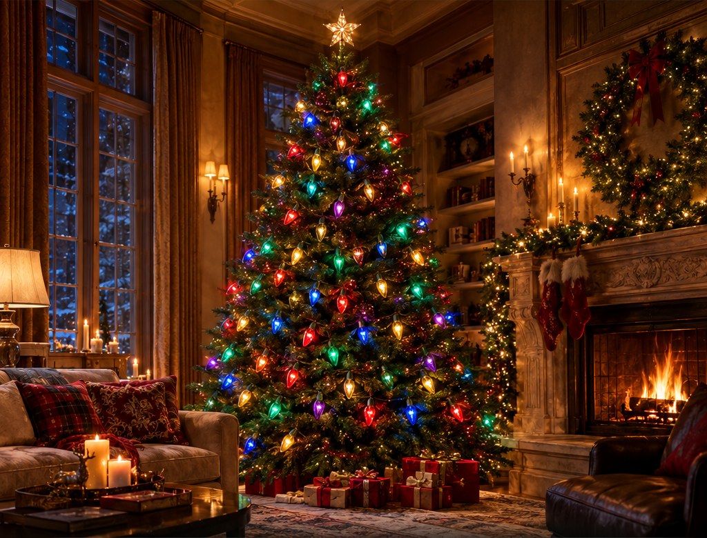 Cozy mansion living room with a decorated Christmas tree and fireplace